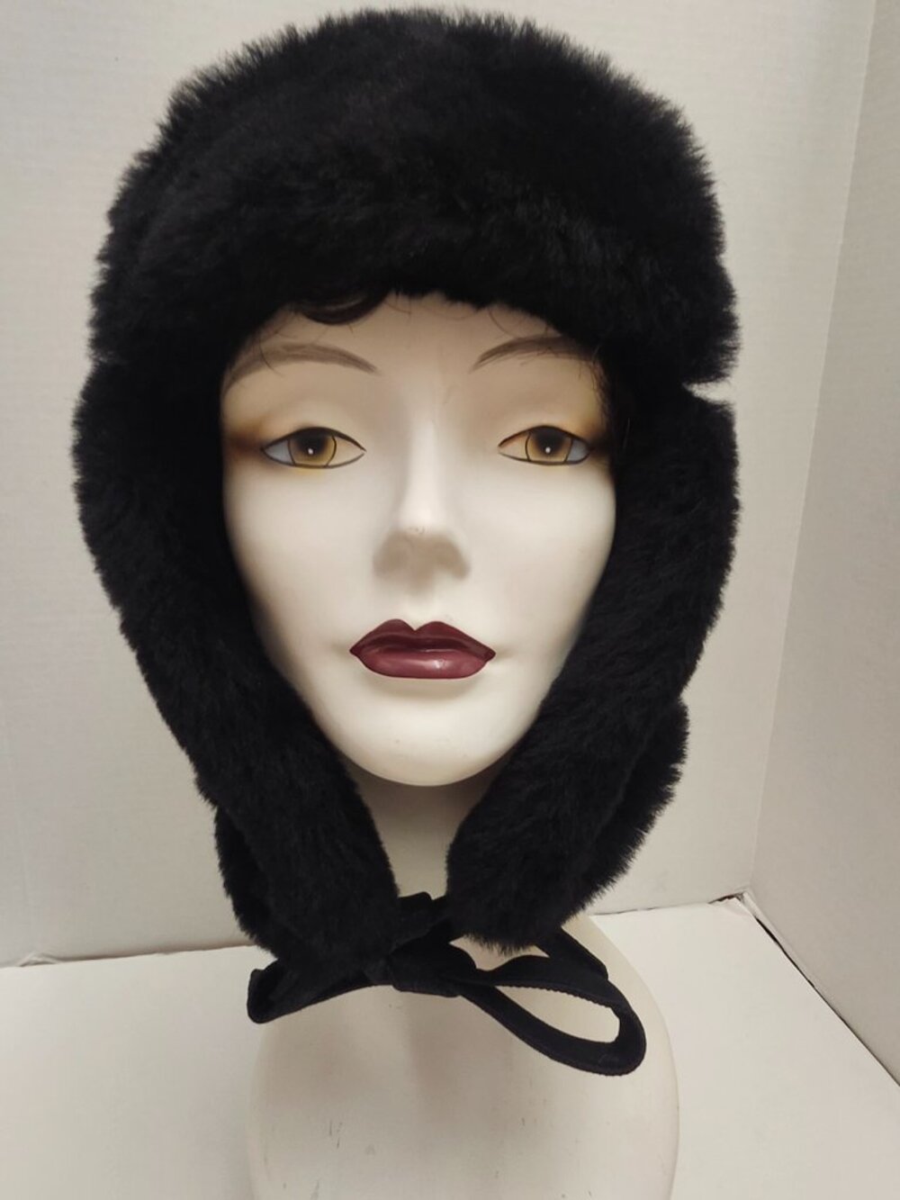 Overland Sheepskin Leather Fur Lined Trapper Aviator Hat Ear Flaps Black Size XL